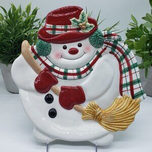 Fitz & Floyd 2000's Plaid Christmas Snowman 9" Canape Plate